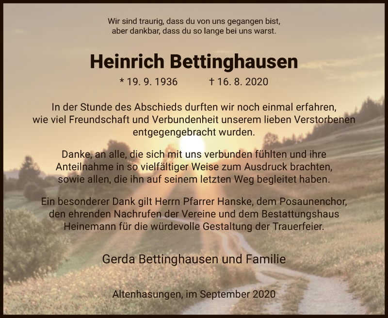  Traueranzeige für Heinrich Bettinghausen vom 05.09.2020 aus HNA