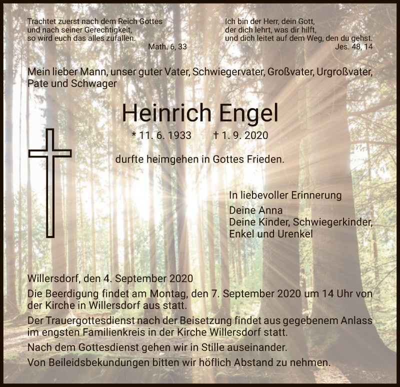  Traueranzeige für Heinrich Engel vom 04.09.2020 aus HNA