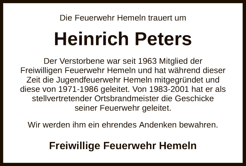  Traueranzeige für Heinrich Peters vom 05.09.2020 aus HNA