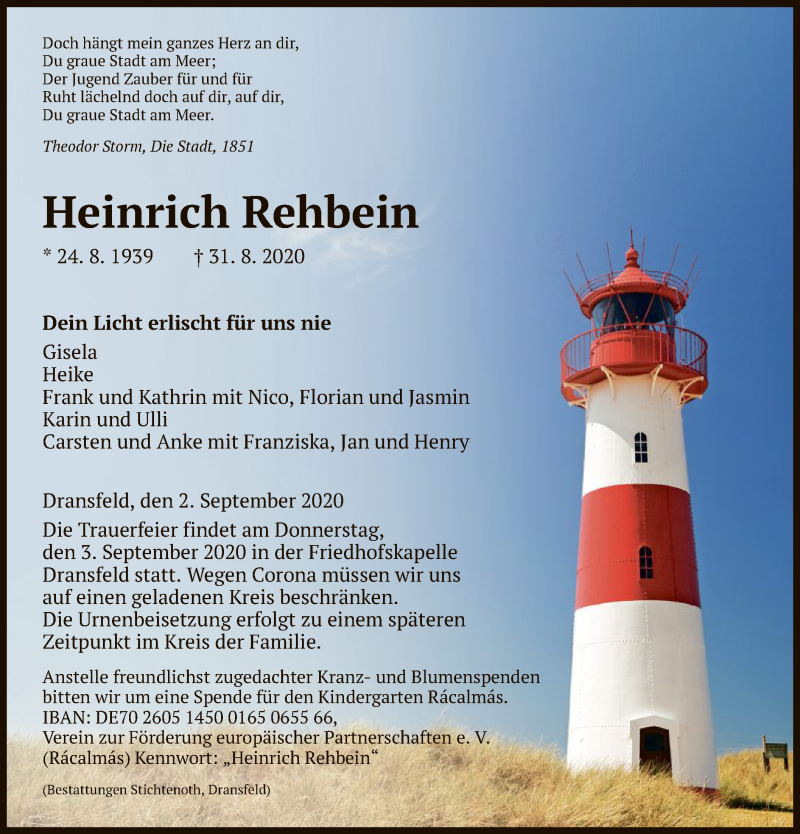  Traueranzeige für Heinrich Rehbein vom 02.09.2020 aus HNA