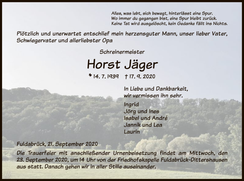  Traueranzeige für Horst Jäger vom 21.09.2020 aus HNA