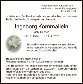 Traueranzeige von Ingeborg Kommallein von HNA