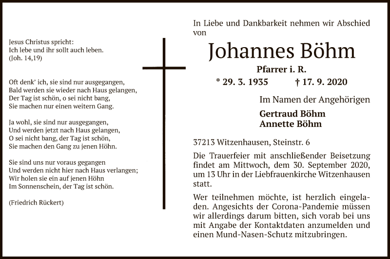  Traueranzeige für Johannes Böhm vom 26.09.2020 aus HNA