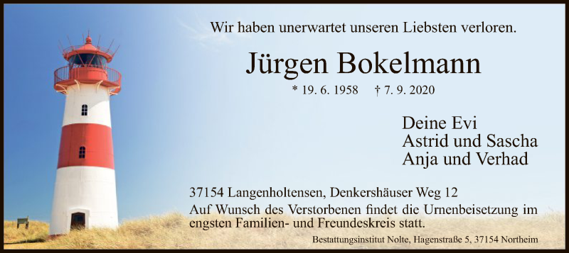  Traueranzeige für Jürgen Bokelmann vom 12.09.2020 aus HNA