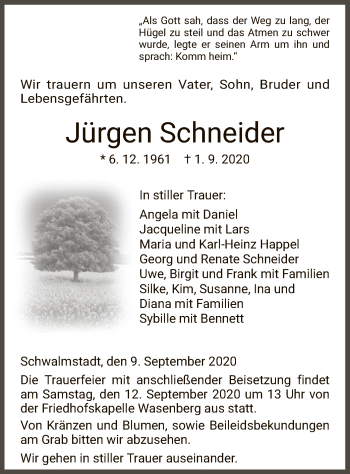 Traueranzeige von Jürgen Schneider von HNA