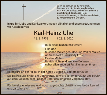 Traueranzeige von Karl-Heinz Uhe von HNA