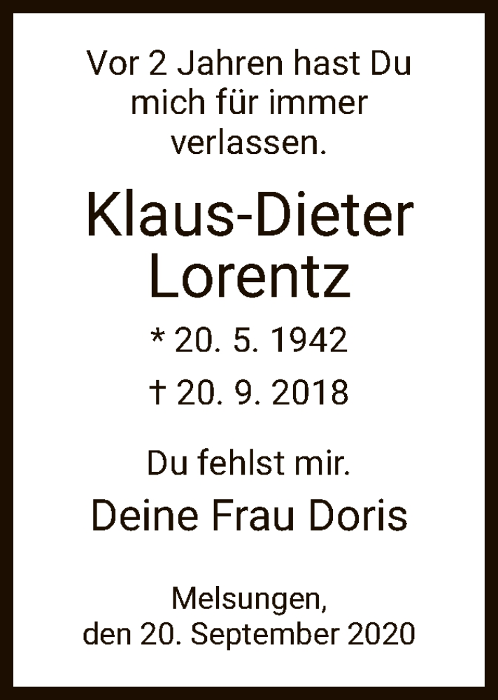  Traueranzeige für Klaus-Dieter Lorentz vom 19.09.2020 aus HNA