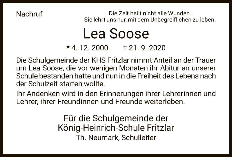  Traueranzeige für Lea Soose vom 29.09.2020 aus HNA
