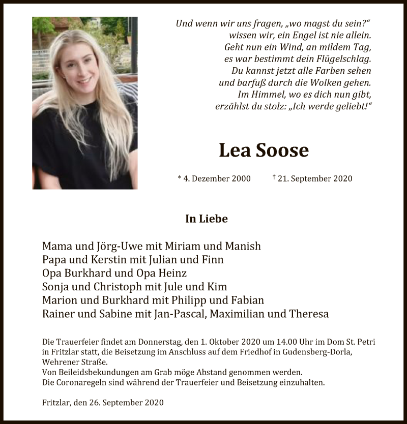  Traueranzeige für Lea Soose vom 26.09.2020 aus HNA