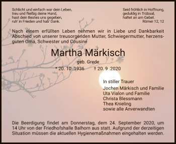 Traueranzeige von Martha Märkisch von HNA