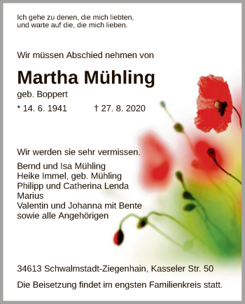 Traueranzeige von Martha Mühling von HNA