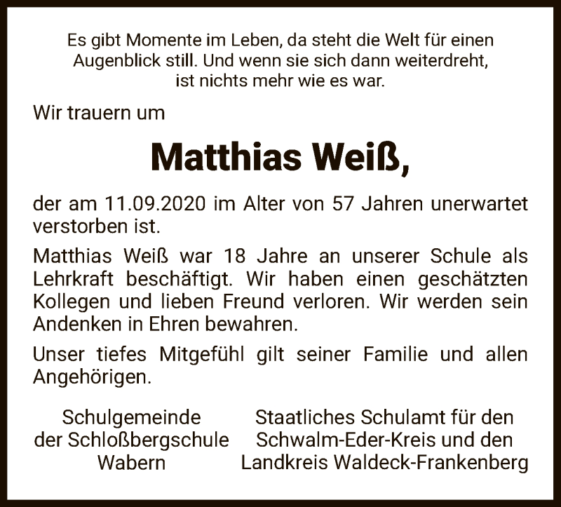  Traueranzeige für Matthias Weiß vom 19.09.2020 aus HNA