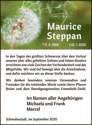 Traueranzeige von Maurice Steppan von HNA