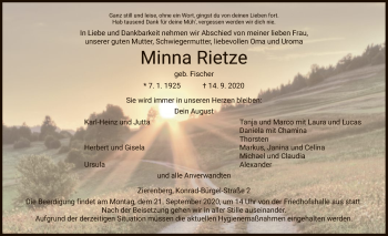 Traueranzeige von Minna Rietze von HNA