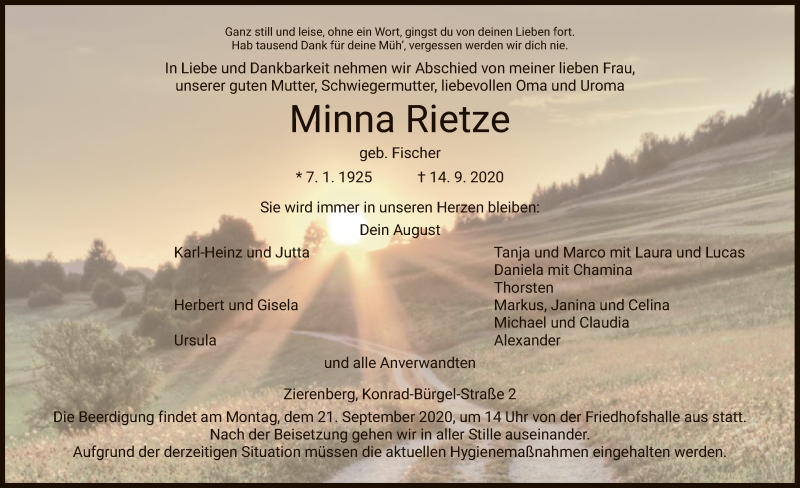  Traueranzeige für Minna Rietze vom 16.09.2020 aus HNA