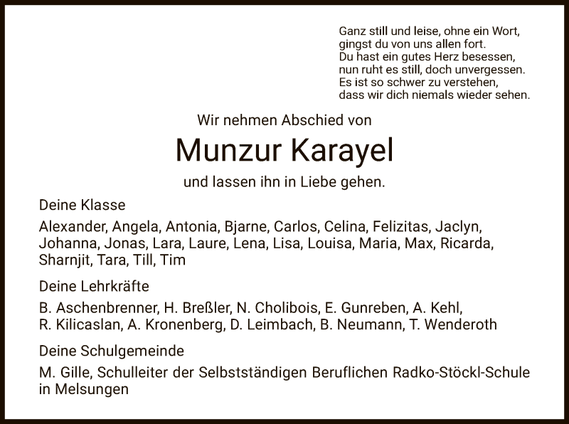  Traueranzeige für Munzur Karayel vom 14.09.2020 aus HNA