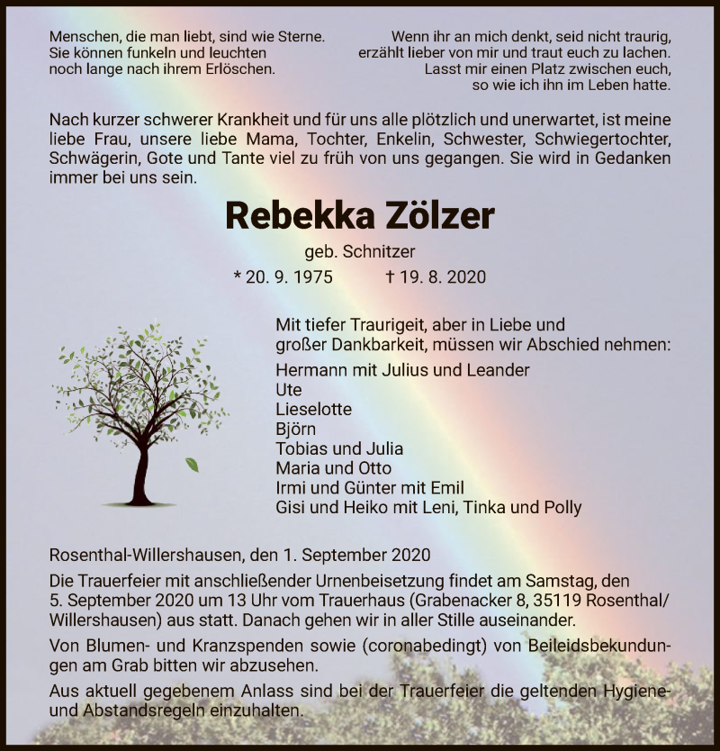  Traueranzeige für Rebekka Zölzer vom 01.09.2020 aus HNA