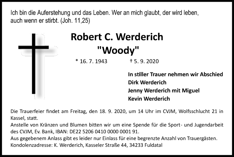 Traueranzeige für Robert C. Werderich vom 12.09.2020 aus HNA