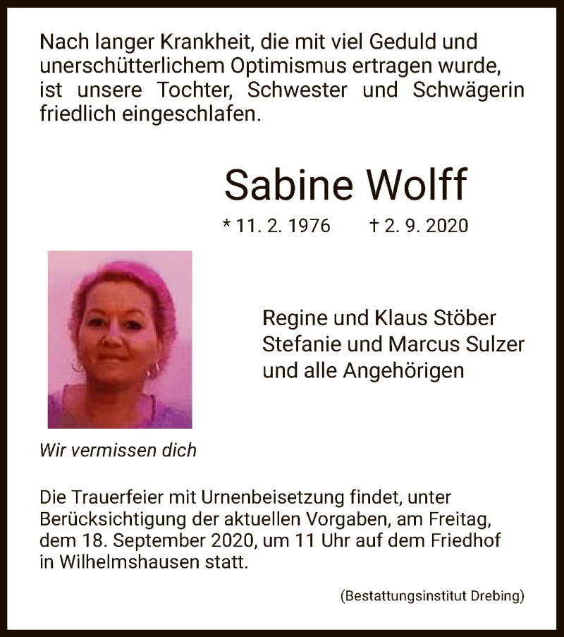  Traueranzeige für Sabine Wolff vom 15.09.2020 aus HNA