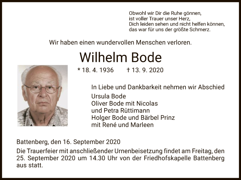  Traueranzeige für Wilhelm Bode vom 18.09.2020 aus HNA