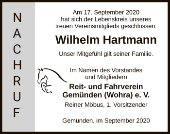 Traueranzeige von Wilhelm Hartmann von HNA