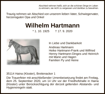 Traueranzeige von Wilhelm Hartmann von HNA