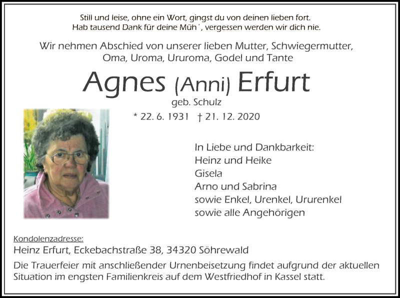 Traueranzeigen von Agnes Erfurt | Trauer.HNA.de