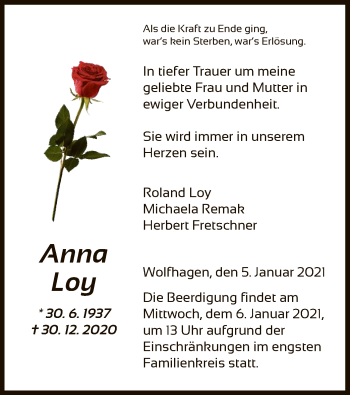 Traueranzeige von Anna Loy von HNA