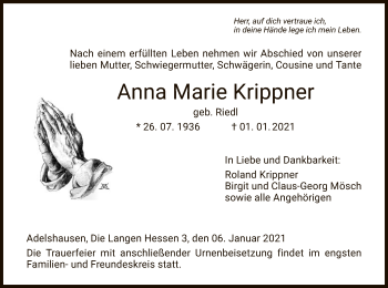 Traueranzeige von Anna Marie Krippner von HNA