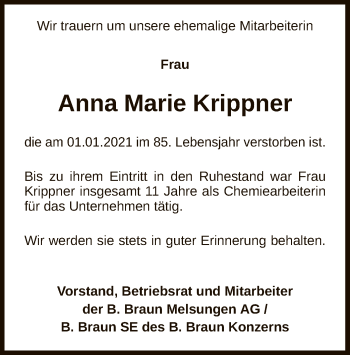 Traueranzeige von Anna Marie Krippner von HNA