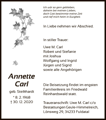 Traueranzeige von Annette Carl von HNA