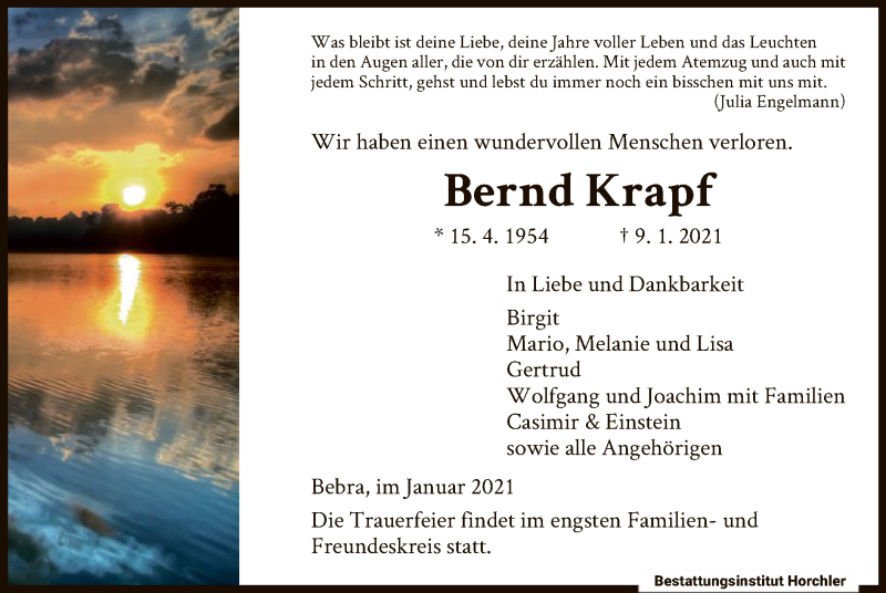  Traueranzeige für Bernd Krapf vom 16.01.2021 aus HNA