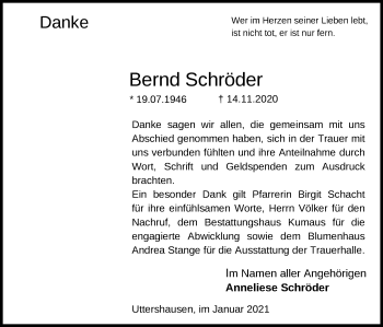 Traueranzeige von Bernd Schröder von HNA