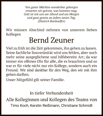 Traueranzeige von Bernd Zeuner von HNA