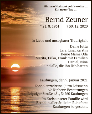 Traueranzeige von Bernd Zeuner von HNA