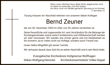 Traueranzeige von Bernd Zeuner von HNA