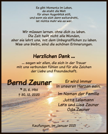 Traueranzeige von Bernd Zeuner von HNA