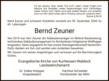 Traueranzeige von Bernd Zeuner von HNA