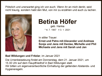 Traueranzeige von Betina Höfer von WLZ