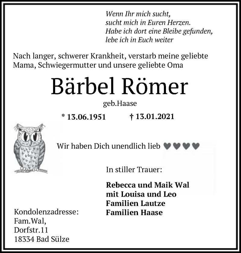  Traueranzeige für Bärbel Römer vom 30.01.2021 aus HNA