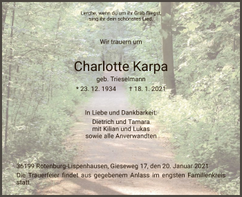 Traueranzeige von Charlotte Karpa von HNA
