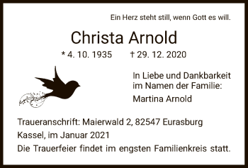 Traueranzeige von Christa Arnold von HNA