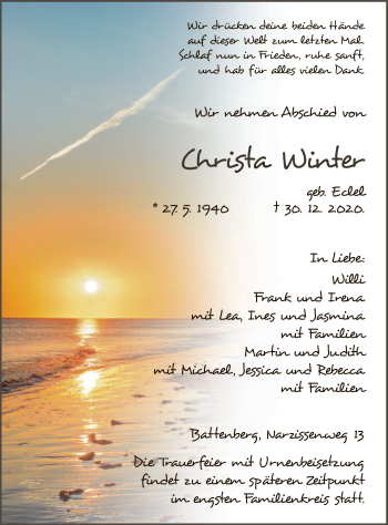 Traueranzeige von Christa Winter von HNA