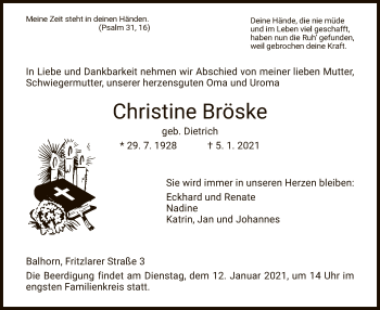 Traueranzeige von Christine Bröske von HNA
