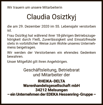 Traueranzeige von Claudia Osiztkyi von HNA