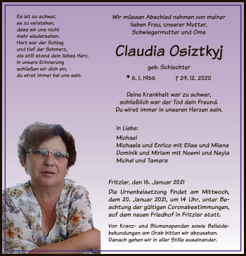 Traueranzeige von Claudia Osiztkyj von HNA