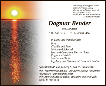 Traueranzeige von Dagmar Bender von HNA