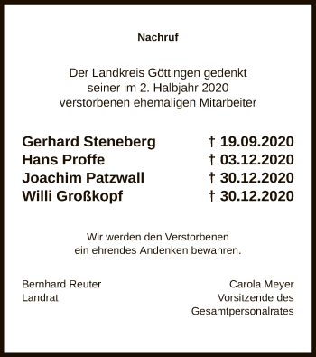 Traueranzeige von Der Landkreis Göttingen gedenkt von HNA