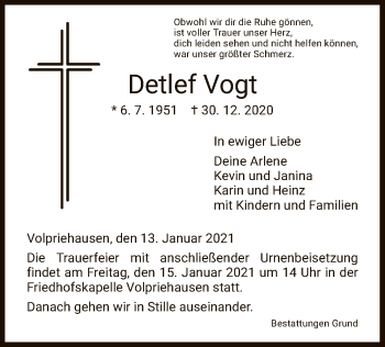 Traueranzeige von Detlef Vogt von HNA