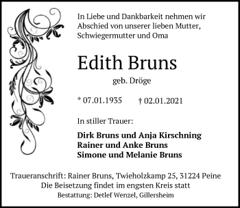 Traueranzeige von Edith Bruns von HNA